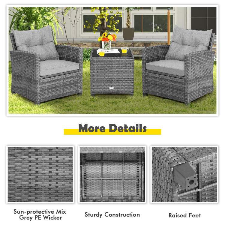 3 Pieces Outdoor Wicker Conversation Set with Tempered Glass Tabletop-GrayCostway Gallery View 10 of 10