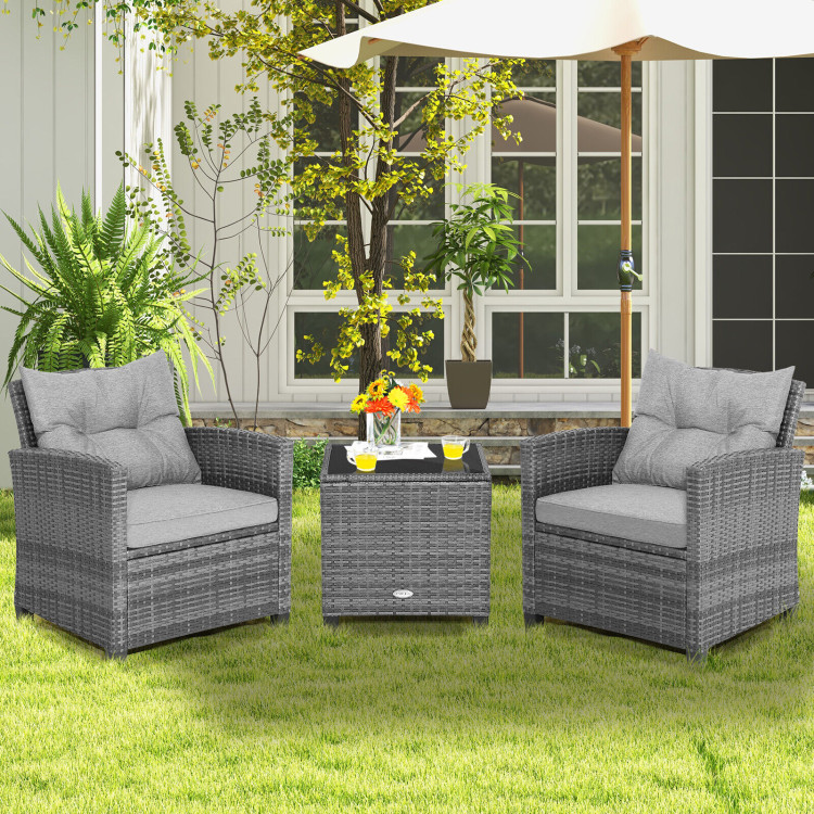 3 Pieces Outdoor Wicker Conversation Set with Tempered Glass Tabletop-GrayCostway Gallery View 2 of 10