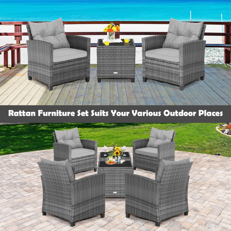 3 Pieces Outdoor Wicker Conversation Set with Tempered Glass Tabletop-GrayCostway Gallery View 3 of 10