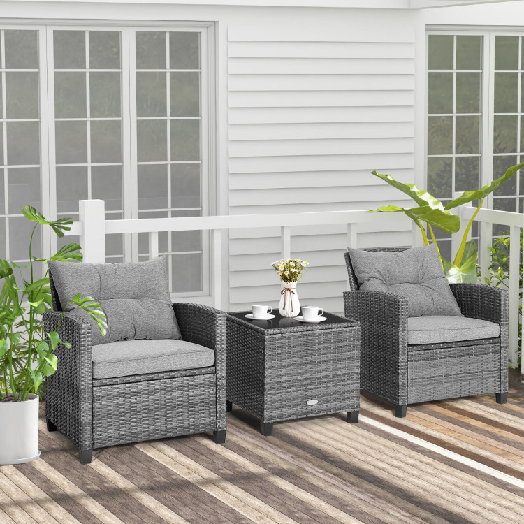 3 Pieces Outdoor Wicker Conversation Set with Tempered Glass Tabletop-GrayCostway Gallery View 6 of 10