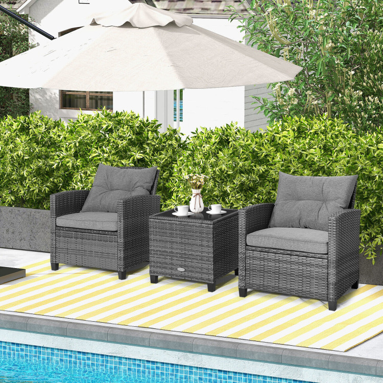 3 Pieces Outdoor Wicker Conversation Set with Tempered Glass Tabletop-GrayCostway Gallery View 7 of 10