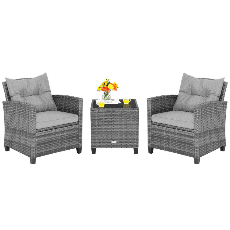 3 Pieces Outdoor Wicker Conversation Set with Tempered Glass Tabletop-GrayCostway Gallery View 8 of 10