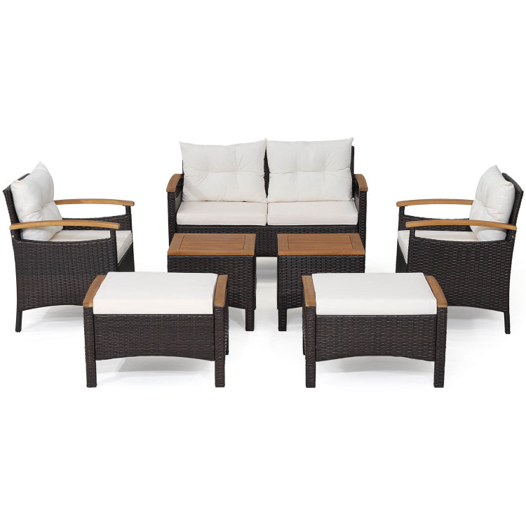 7 Piece Rattan Patio Sofa Set with Acacia Wood Tabletop and ArmrestsCostway Gallery View 1 of 10