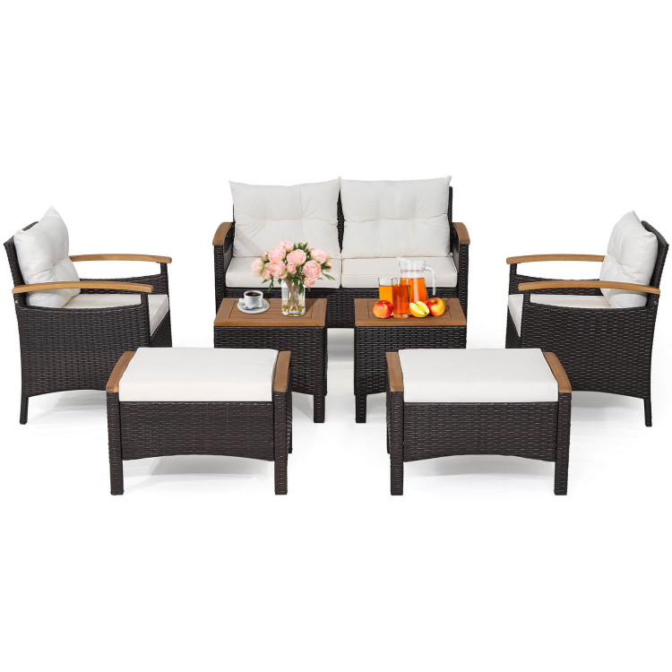 7 Piece Rattan Patio Sofa Set with Acacia Wood Tabletop and ArmrestsCostway Gallery View 6 of 10