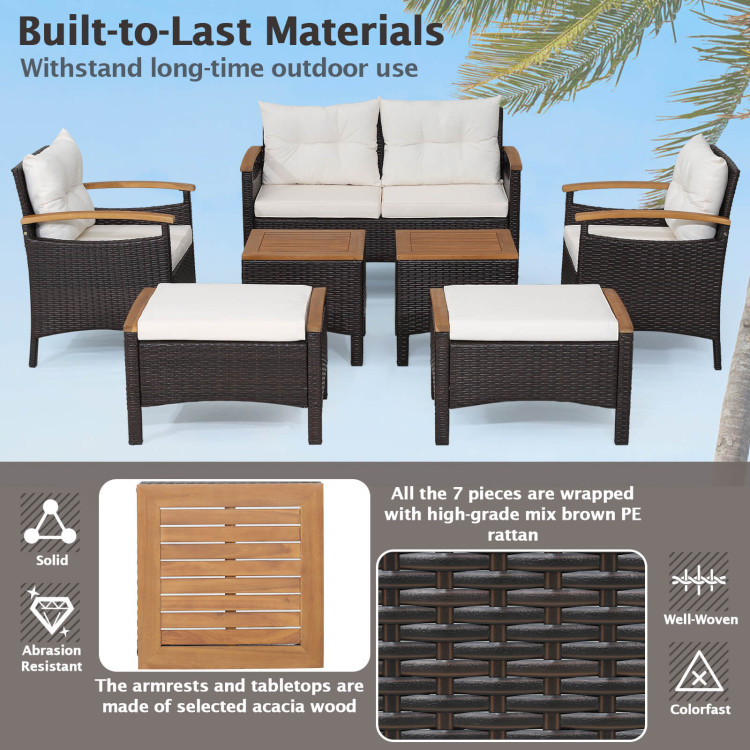 7 Piece Rattan Patio Sofa Set with Acacia Wood Tabletop and ArmrestsCostway Gallery View 8 of 10