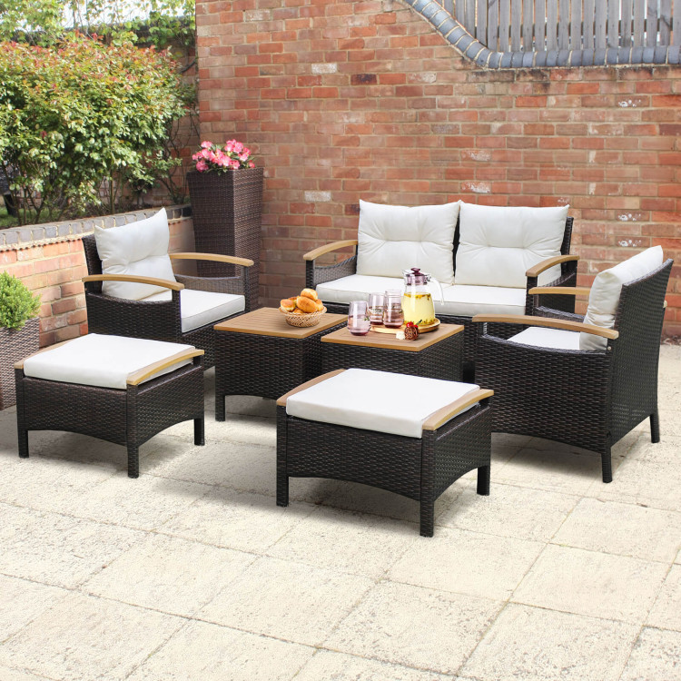 7 Piece Rattan Patio Sofa Set with Acacia Wood Tabletop and ArmrestsCostway Gallery View 2 of 10