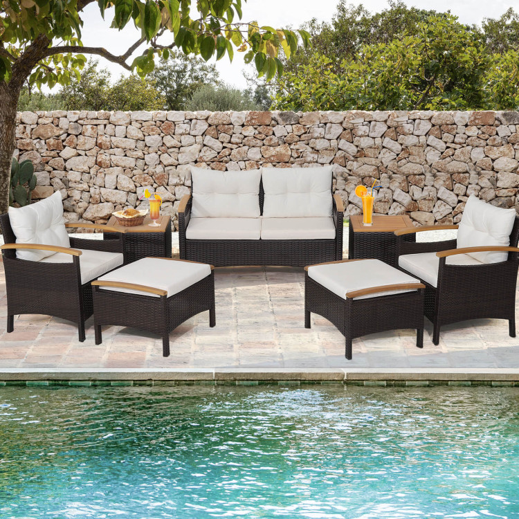 7 Piece Rattan Patio Sofa Set with Acacia Wood Tabletop and ArmrestsCostway Gallery View 5 of 10