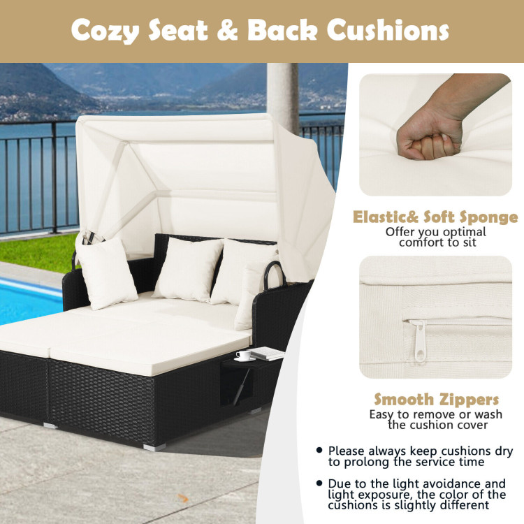 Patio Rattan Daybed with Retractable Canopy and Side Tables-Off WhiteCostway Gallery View 3 of 10