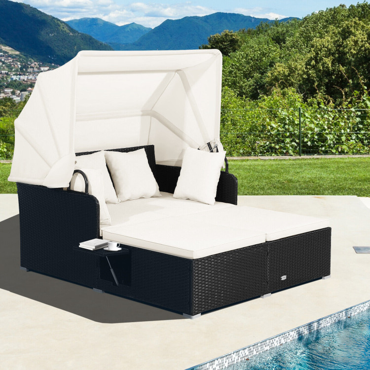 Patio Rattan Daybed with Retractable Canopy and Side Tables-Off WhiteCostway Gallery View 6 of 10