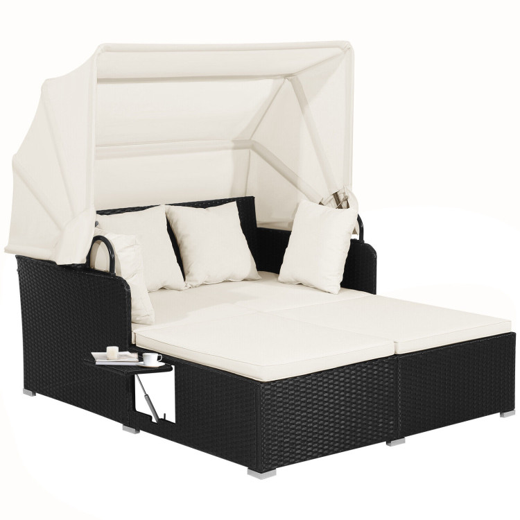 Patio Rattan Daybed with Retractable Canopy and Side Tables-Off WhiteCostway Gallery View 7 of 10