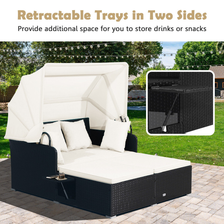 Patio Rattan Daybed with Retractable Canopy and Side Tables-Off WhiteCostway Gallery View 8 of 10