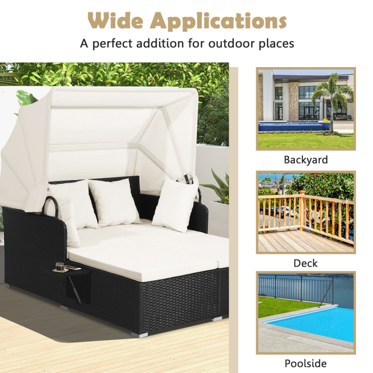 Patio Rattan Daybed with Retractable Canopy and Side Tables-Off WhiteCostway Gallery View 9 of 10