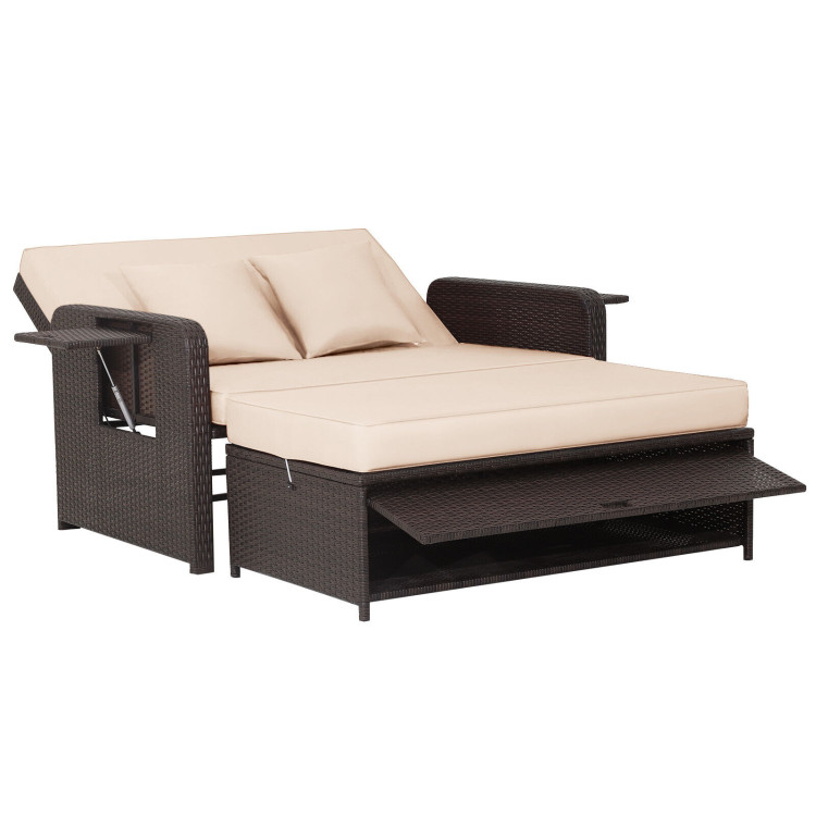 Patio Rattan Daybed with 4-Level Adjustable Backrest and Retractable Side Tray-BrownCostway Gallery View 1 of 11