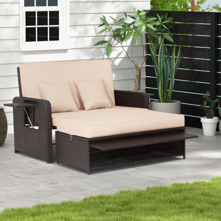 Patio Rattan Daybed with 4-Level Adjustable Backrest and Retractable Side Tray-BrownCostway Gallery View 2 of 11