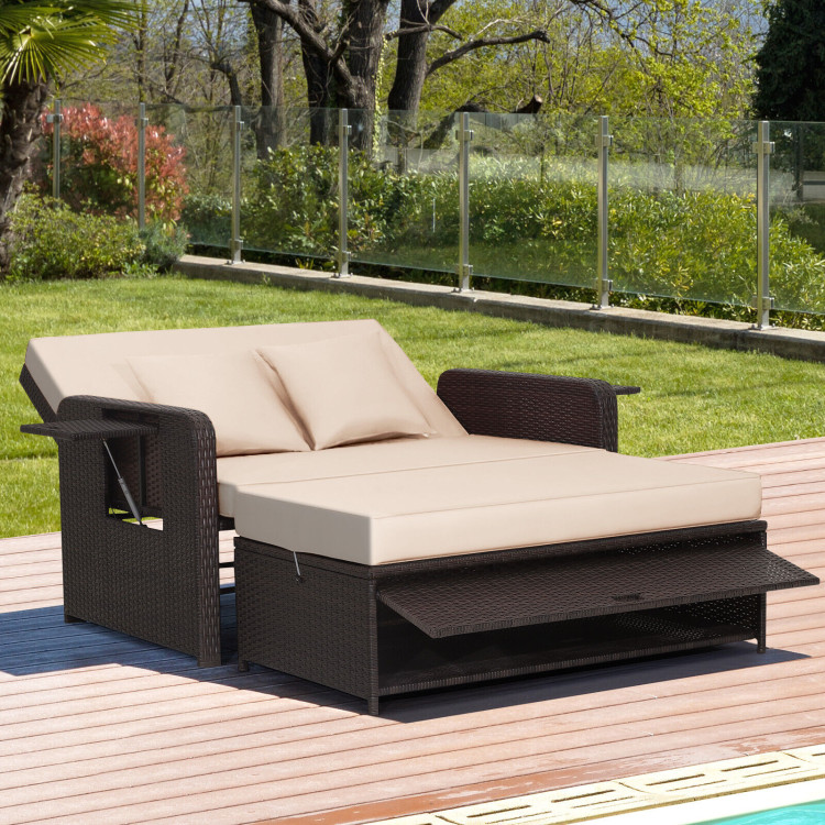 Patio Rattan Daybed with 4-Level Adjustable Backrest and Retractable Side Tray-BrownCostway Gallery View 6 of 11