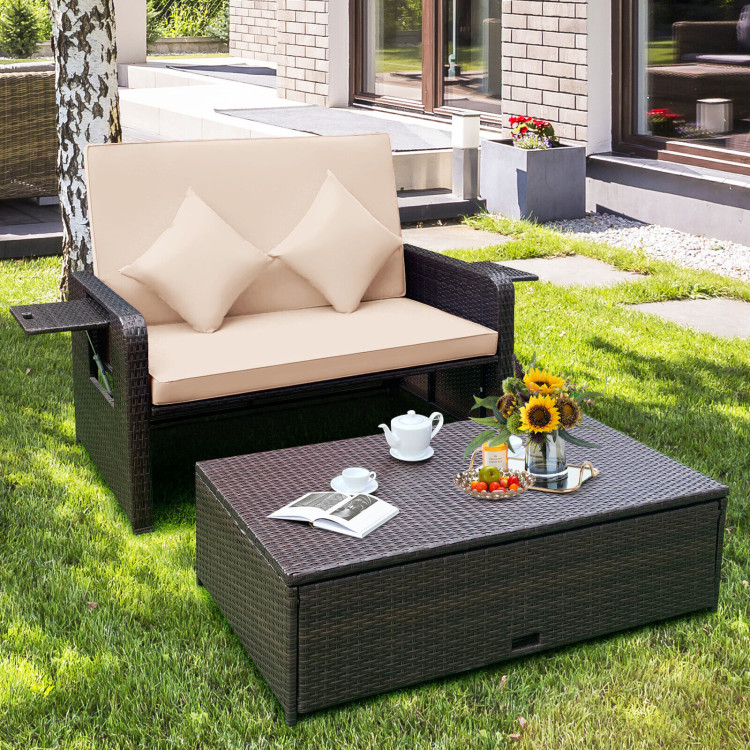Patio Rattan Daybed with 4-Level Adjustable Backrest and Retractable Side Tray-BrownCostway Gallery View 7 of 11