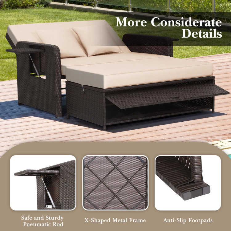 Patio Rattan Daybed with 4-Level Adjustable Backrest and Retractable Side Tray-BrownCostway Gallery View 8 of 11