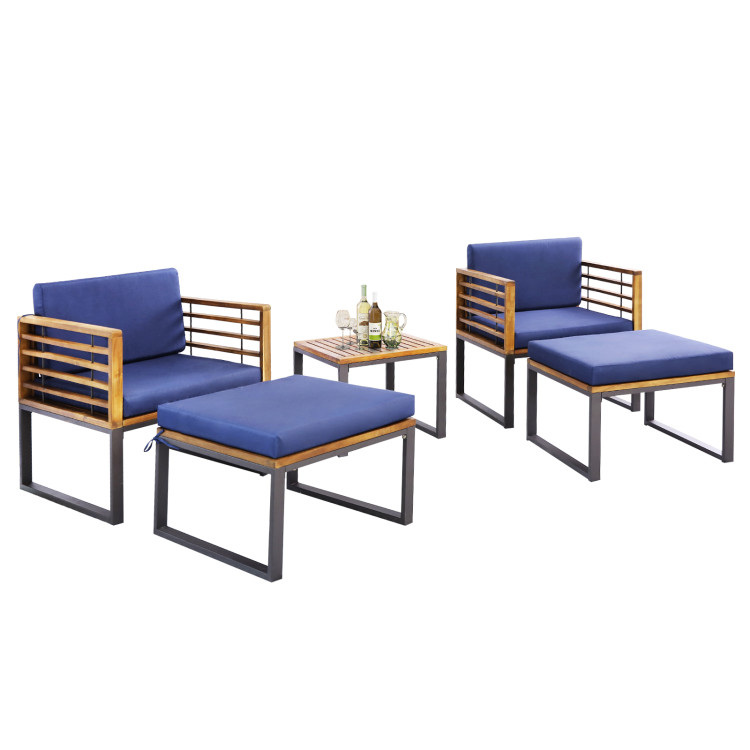5 Piece Patio Acacia Wood Chair Set with Ottomans and Coffee Table - Gallery View 4 of 11