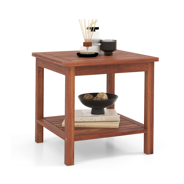 Double-Tier Acacia Wood Patio Side Table with Slatted Tabletop and Shelf - Gallery View 1 of 9