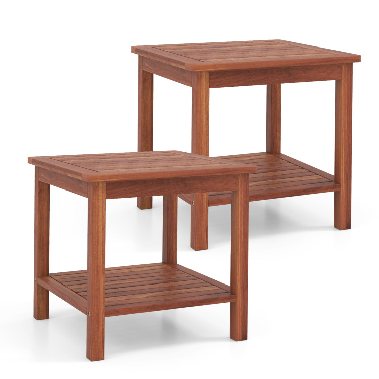 Double-Tier Acacia Wood Patio Side Table with Slatted Tabletop and Shelf - Gallery View 4 of 9