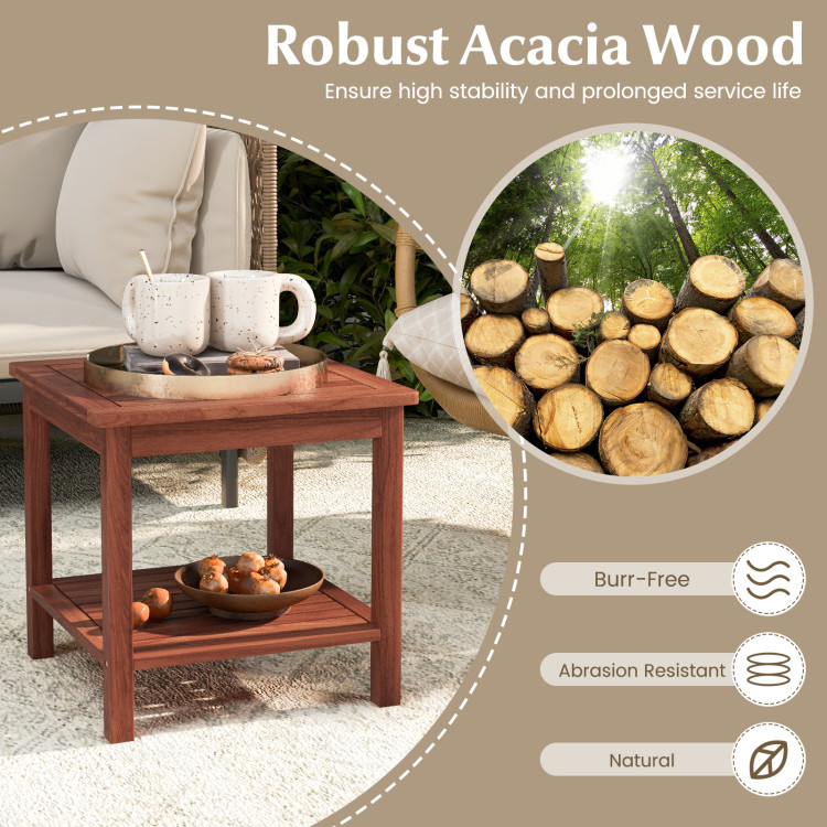 Double-Tier Acacia Wood Patio Side Table with Slatted Tabletop and Shelf - Gallery View 7 of 9