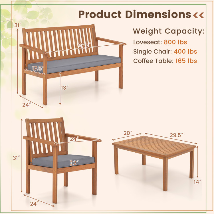 4 Pieces Patio Wood Furniture Set Acacia Wood Sofa Set with Loveseat - Gallery View 5 of 10