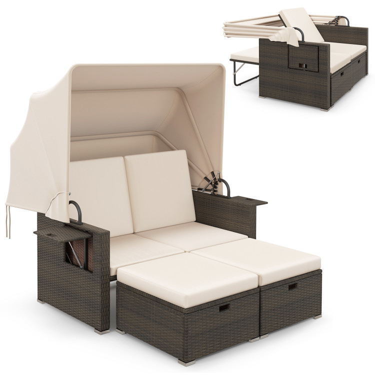 Outdoor Patio Rattan Daybed with Retractable Canopy and Adjustable Backrests - Gallery View 1 of 10