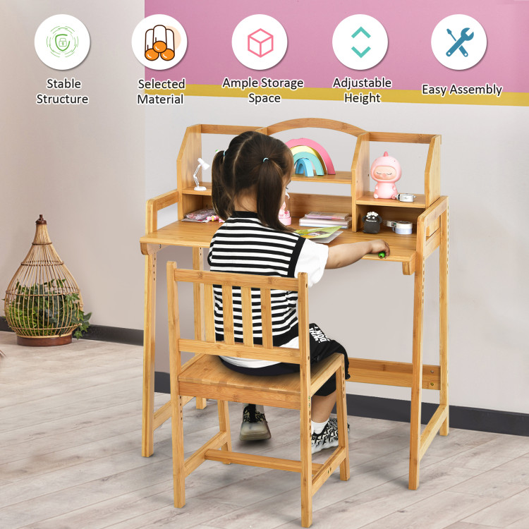 Bamboo Kids Study Desk and Chair Set with BookshelfCostway Gallery View 3 of 10