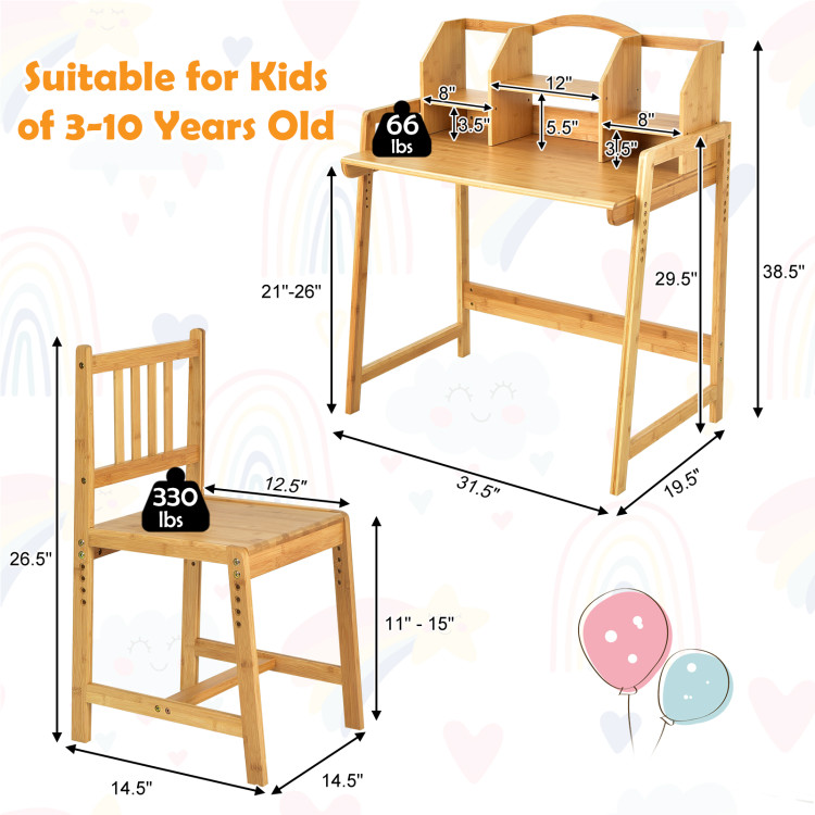 Bamboo Kids Study Desk and Chair Set with BookshelfCostway Gallery View 4 of 10