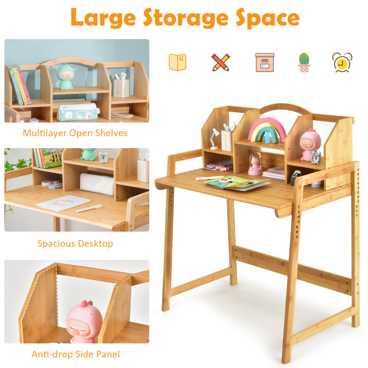 Bamboo Kids Study Desk and Chair Set with BookshelfCostway Gallery View 5 of 10