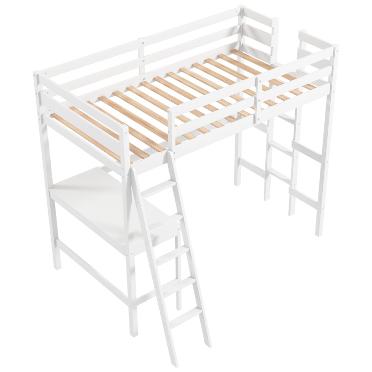 Twin Size Loft Bed Frame with Desk Angled and Built-in Ladder - Gallery View 1 of 10