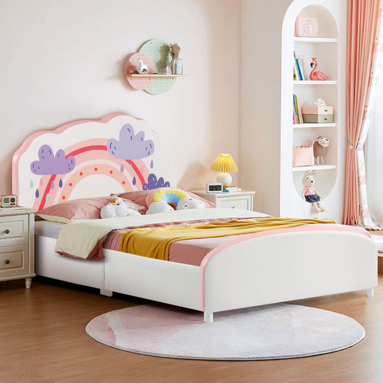 Kids Twin Size Upholstered Platform Wooden Bed with Rainbow PatternCostway Gallery View 2 of 10