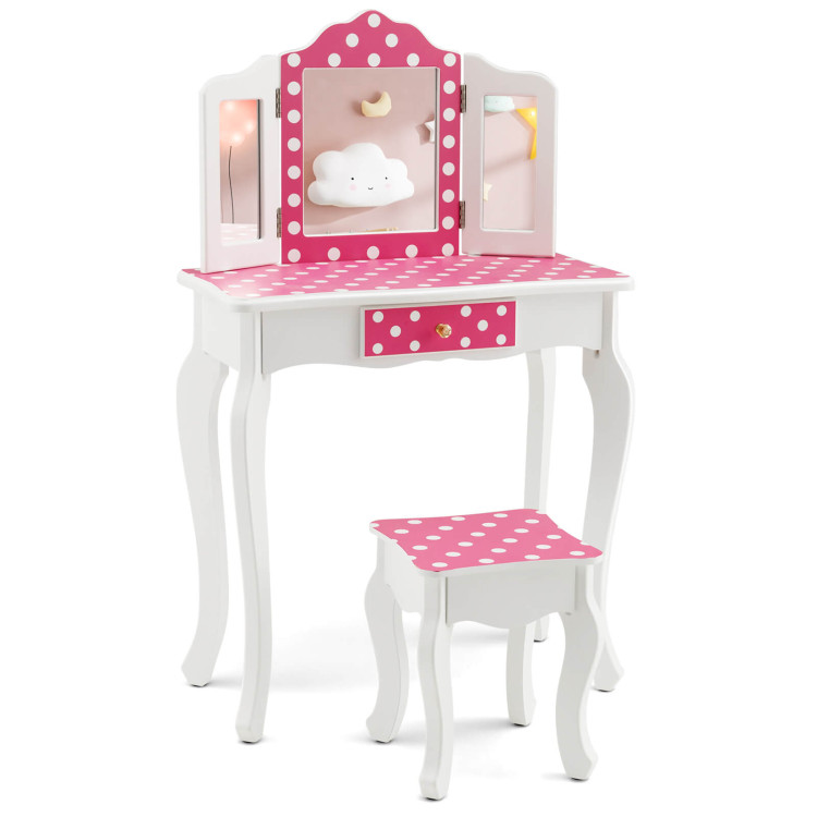 Kids Vanity Table and Stool Set with Cute Polka Dot Print-PinkCostway Gallery View 1 of 10