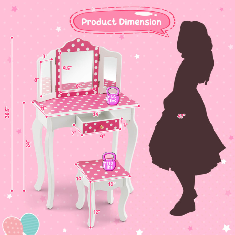 Kids Vanity Table and Stool Set with Cute Polka Dot Print-PinkCostway Gallery View 4 of 10