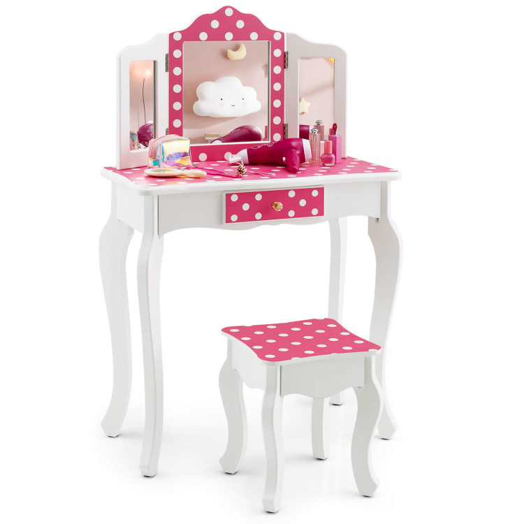 Kids Vanity Table and Stool Set with Cute Polka Dot Print-PinkCostway Gallery View 7 of 10