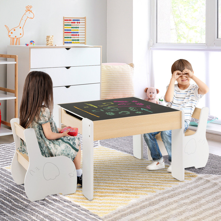 4-in-1 Wooden Activity Kids Table and Chairs with Storage and Detachable Blackboard-WhiteCostway Gallery View 2 of 11