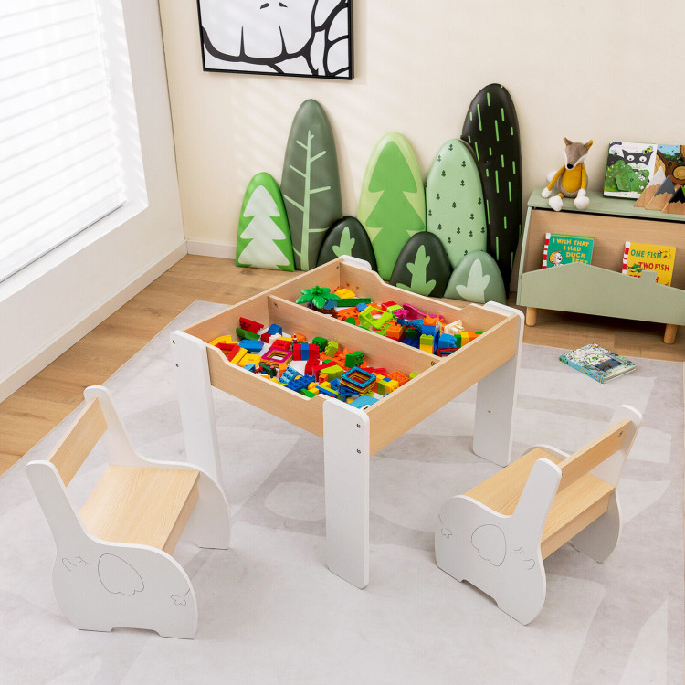 4-in-1 Wooden Activity Kids Table and Chairs with Storage and Detachable Blackboard-WhiteCostway Gallery View 7 of 11
