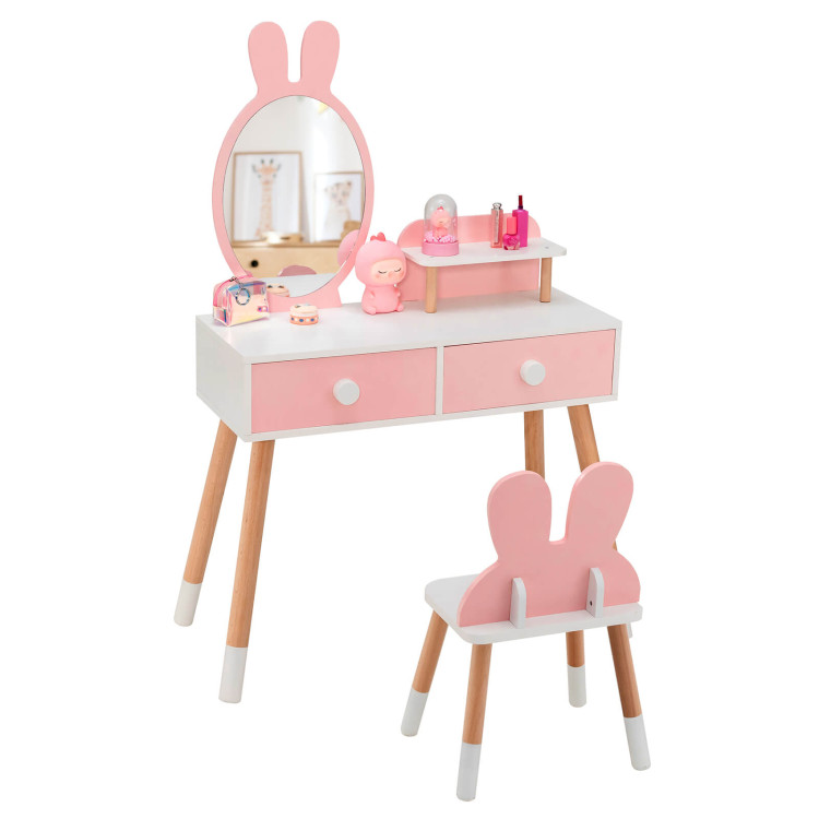Kids Vanity Table and Chair Set with Drawer Shelf and Rabbit Mirror-PinkCostway Gallery View 1 of 10