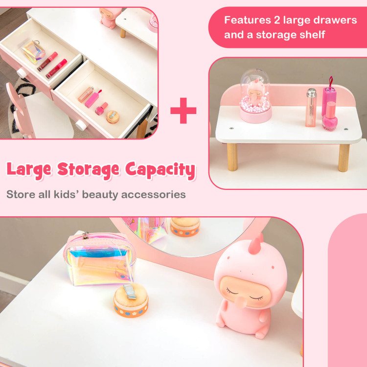 Kids Vanity Table and Chair Set with Drawer Shelf and Rabbit Mirror-PinkCostway Gallery View 10 of 10