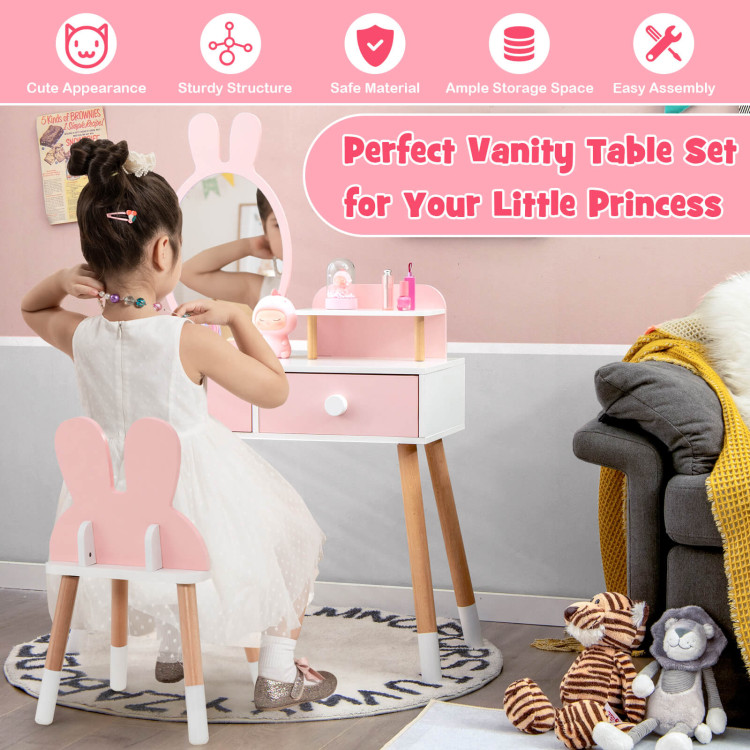 Kids Vanity Table and Chair Set with Drawer Shelf and Rabbit Mirror-PinkCostway Gallery View 3 of 10