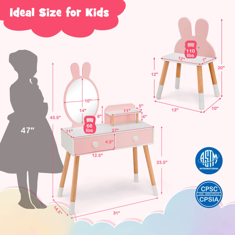 Kids Vanity Table and Chair Set with Drawer Shelf and Rabbit Mirror-PinkCostway Gallery View 4 of 10