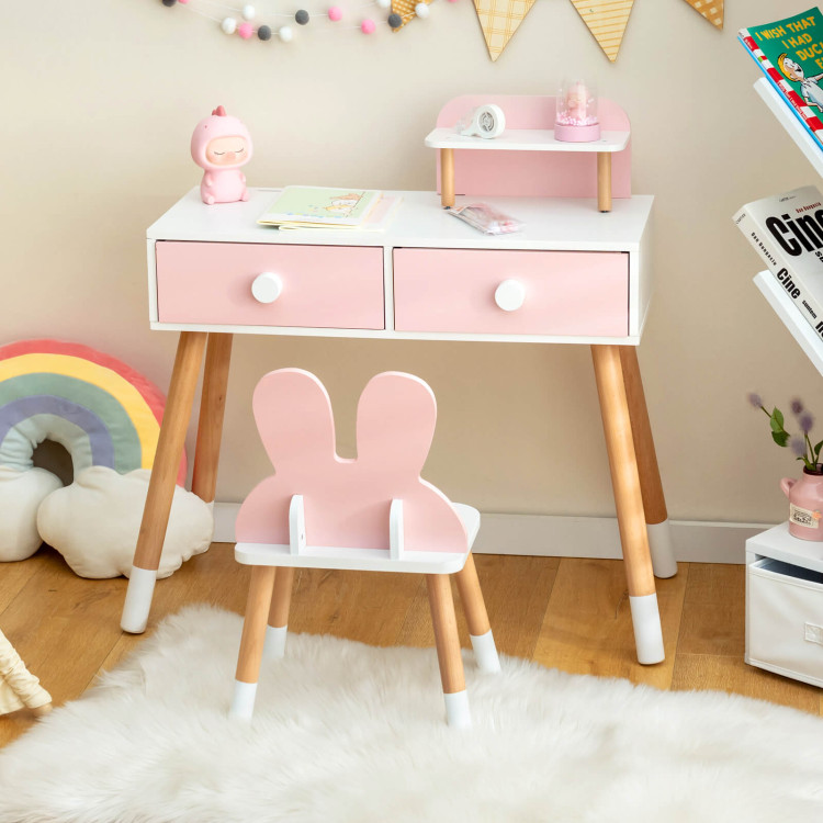 Kids Vanity Table and Chair Set with Drawer Shelf and Rabbit Mirror-PinkCostway Gallery View 6 of 10