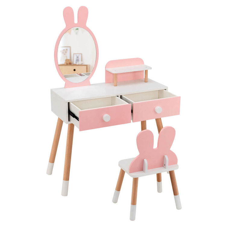 Kids Vanity Table and Chair Set with Drawer Shelf and Rabbit Mirror-PinkCostway Gallery View 7 of 10