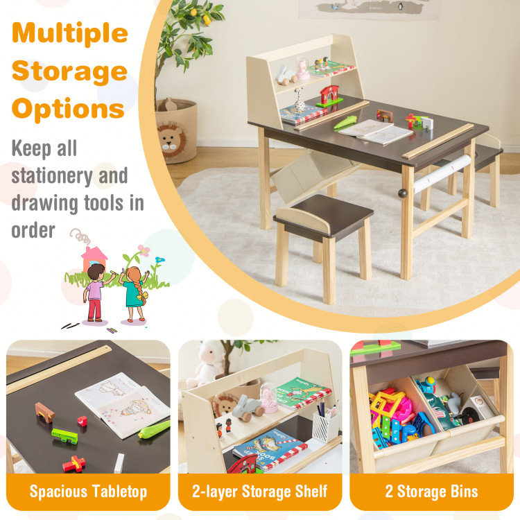  Bateso Kids Art Table and 2 Chairs with Roll Paper, Craft Table  with Large Storage Shelves, Drawing Desk, Kids Activity Table and Study  Table, Activity & Crafts for Children Wooden Furniture 