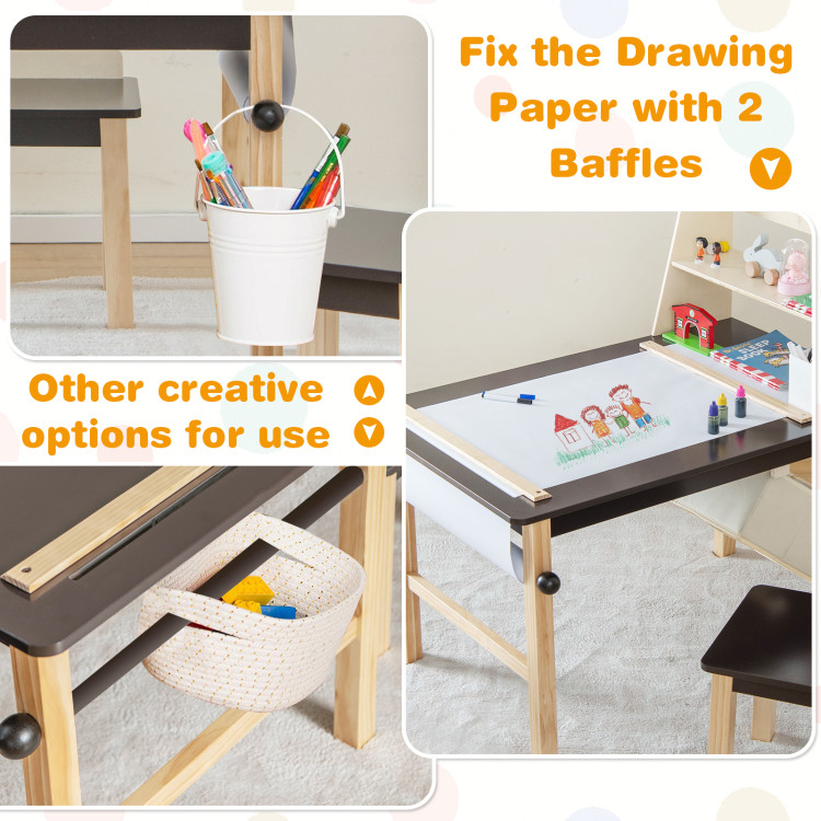 Costway Kids Art Table & Chairs Set Wooden Drawing Desk With Paper Roll  Storage Shelf Bins : Target