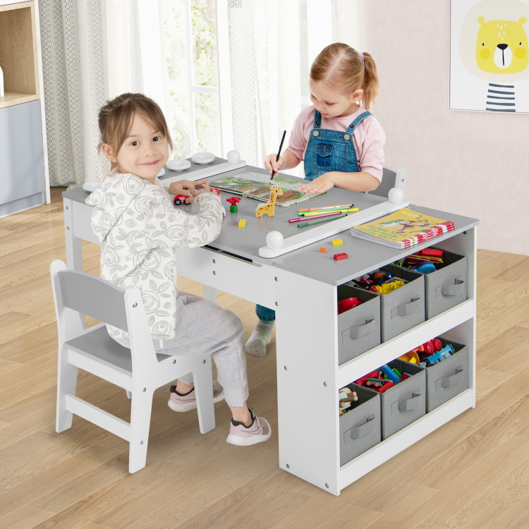 Costway 2-in-1 Kids Wooden Art Table And Art Easel Set With Chairs Storage  Bins Paper Roll Gray/white/natural : Target