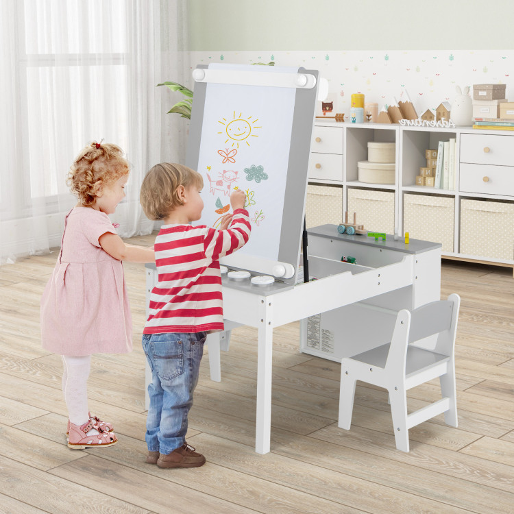 2-in-1 Kids Wooden Art Table and Art Easel Set with Chairs Storage Bins Paper Roll-Gray | Costway