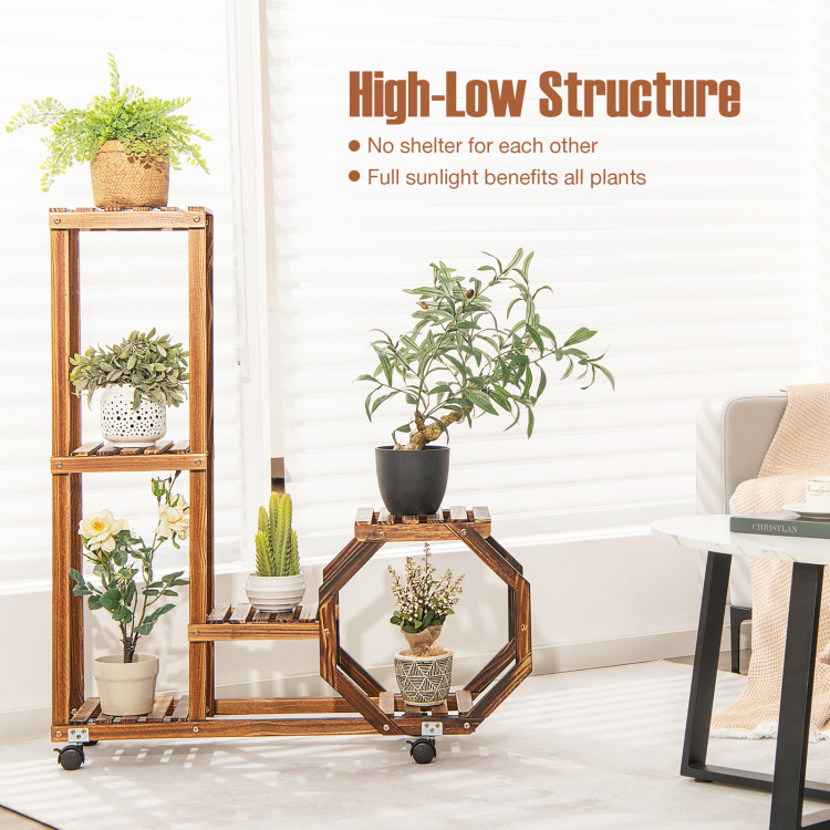 6-Tier Wooden Plant Stand with Wheels-BrownCostway Gallery View 3 of 11