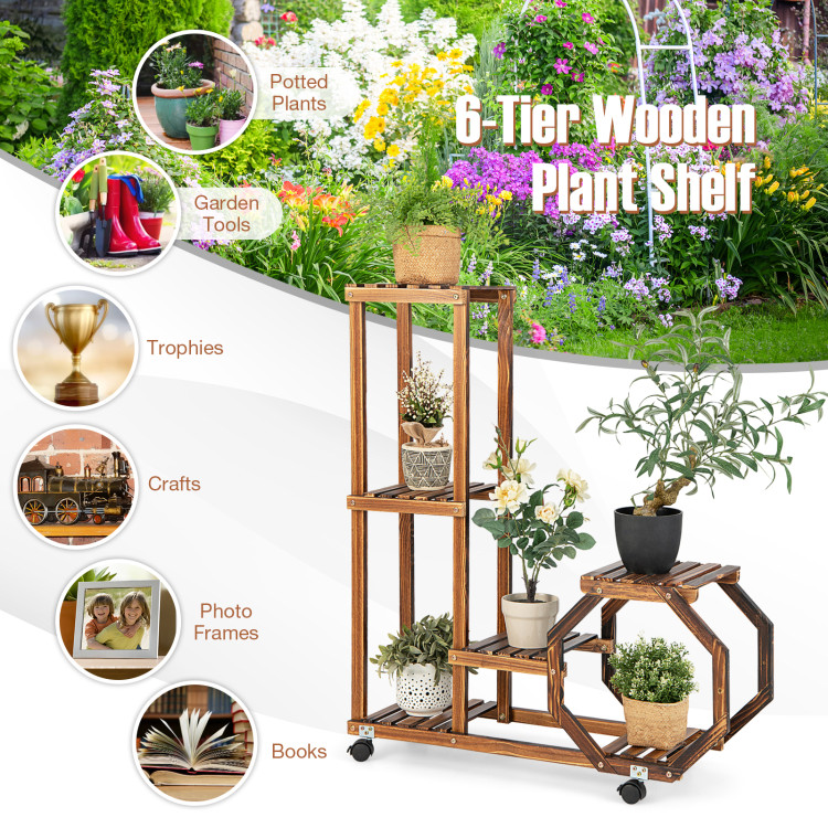 6-Tier Wooden Plant Stand with Wheels-BrownCostway Gallery View 5 of 11