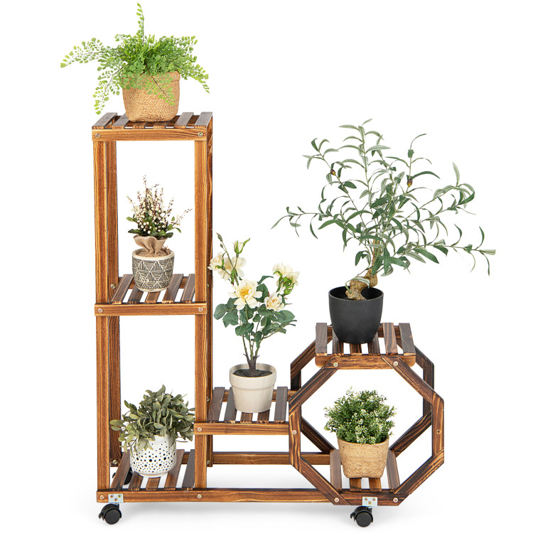 6-Tier Wooden Plant Stand with Wheels-BrownCostway Gallery View 7 of 11